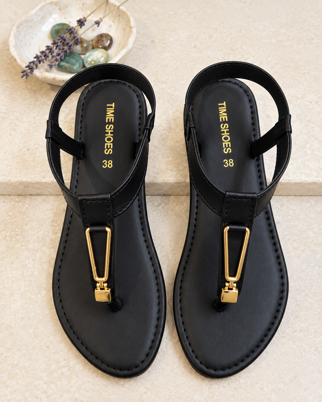 T-Strap Sandals with Golden Buckle