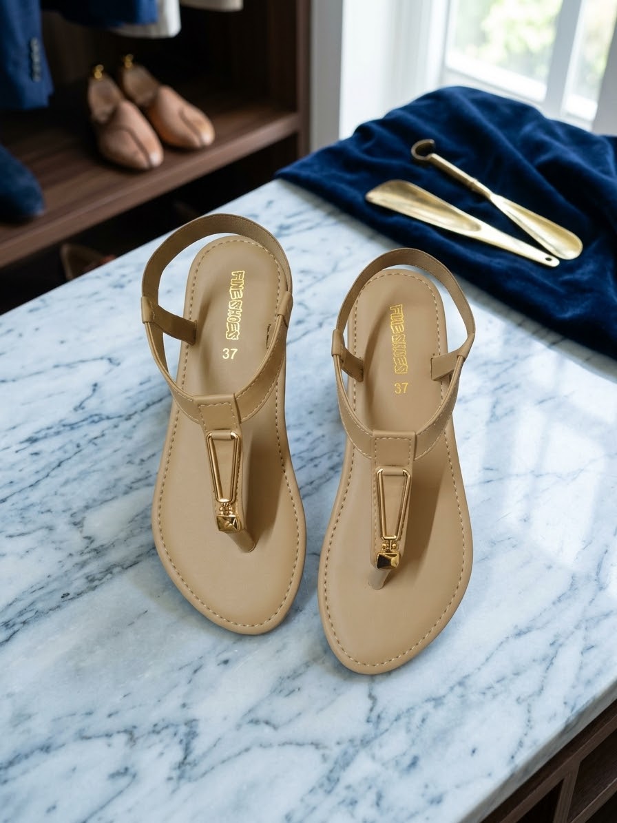 T-Strap Sandals with Golden Buckle
