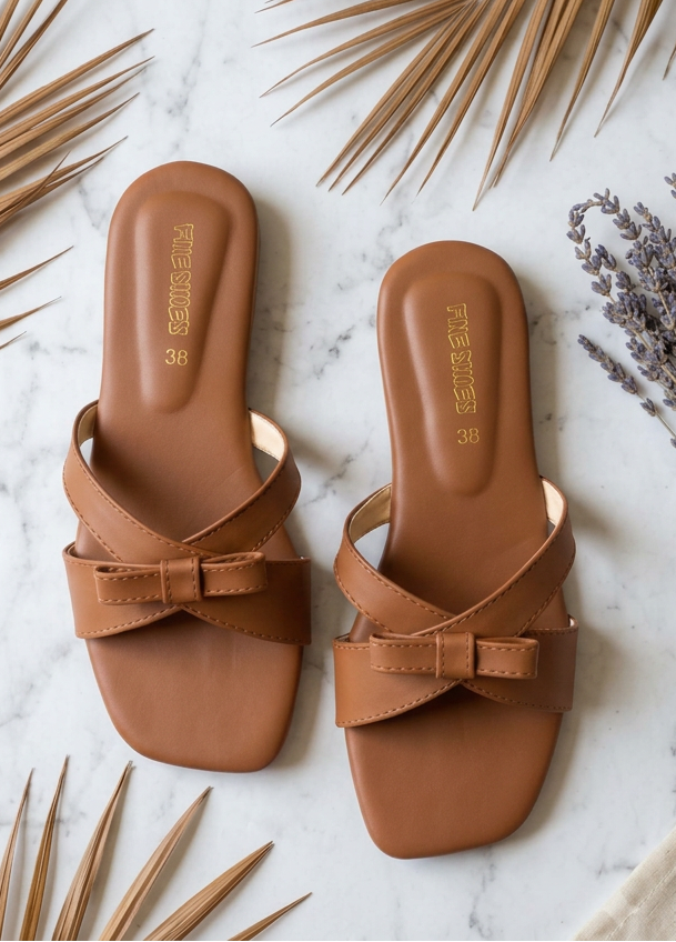 Tan Bow Flat Sandals Clean
