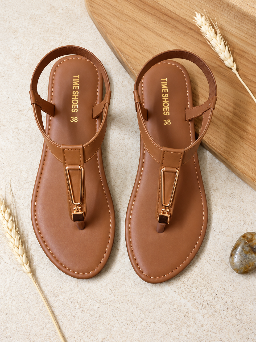 T-Strap Sandals with Golden Buckle
