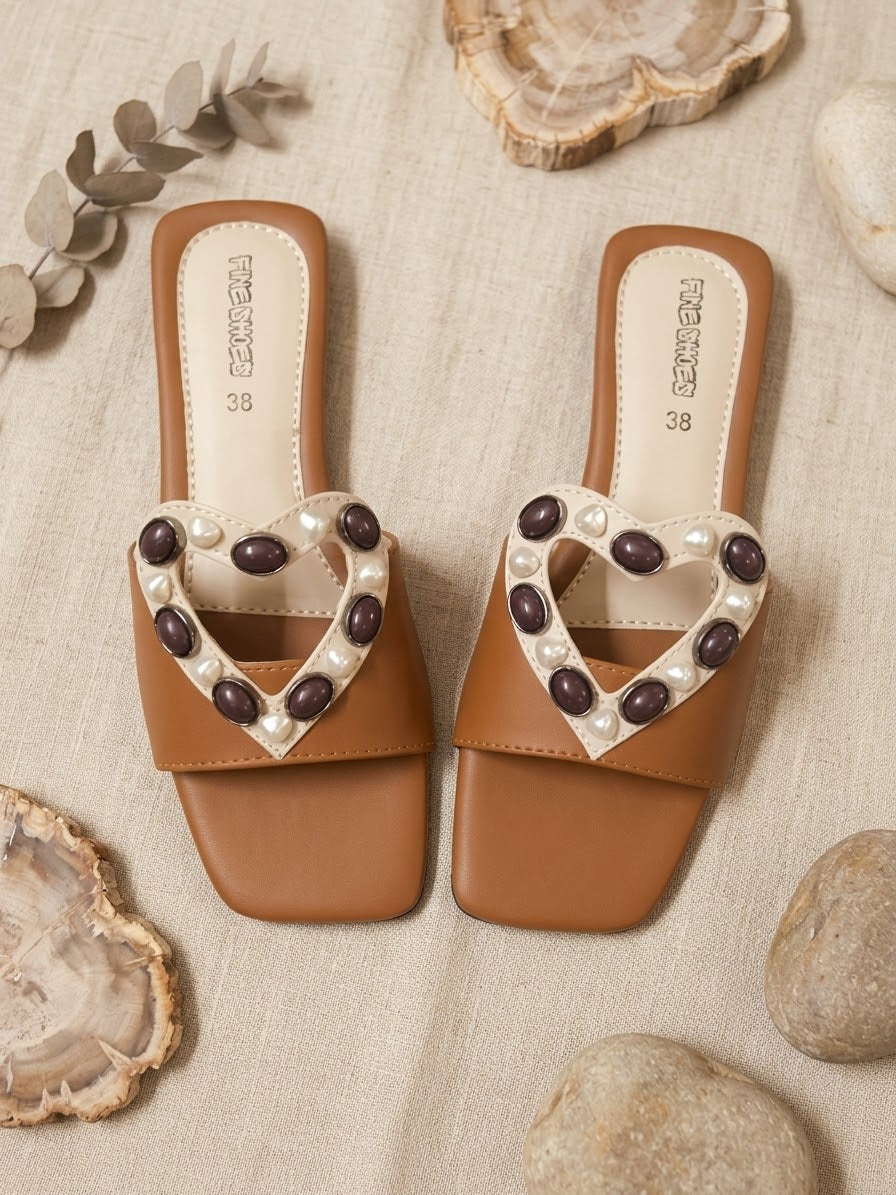 Heart Pearl Embellished Flat Sandals