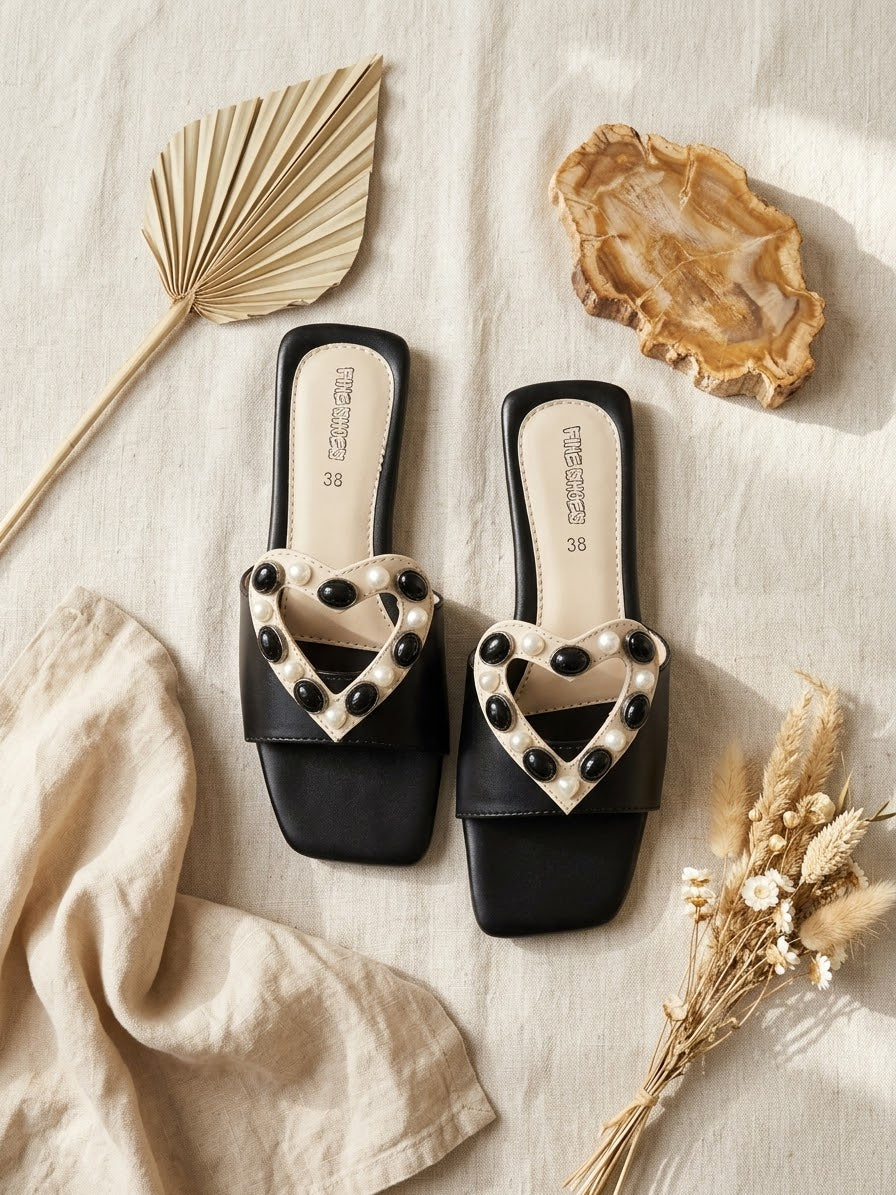 Heart Pearl Embellished Flat Sandals