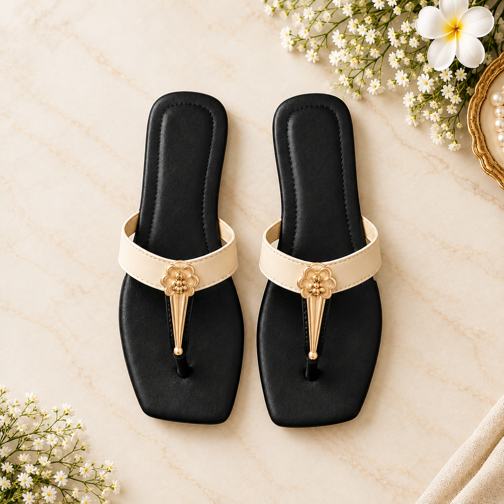 T Strap Sandal With Golden Embellishment